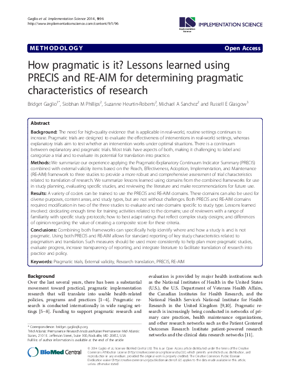 (PDF) How pragmatic is it? Lessons learned using PRECIS and RE-AIM for ...