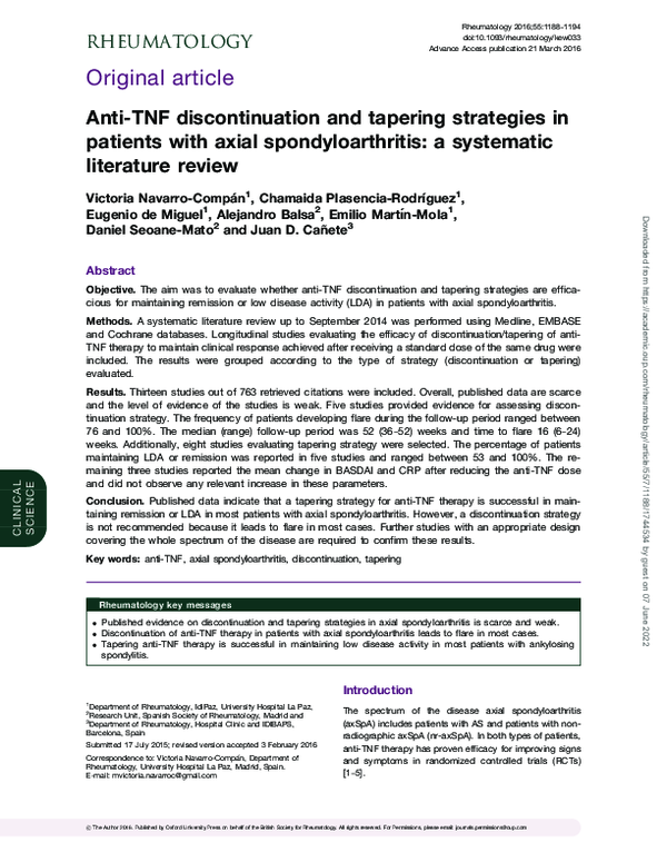 (PDF) Anti-TNF discontinuation and tapering strategies in patients with ...