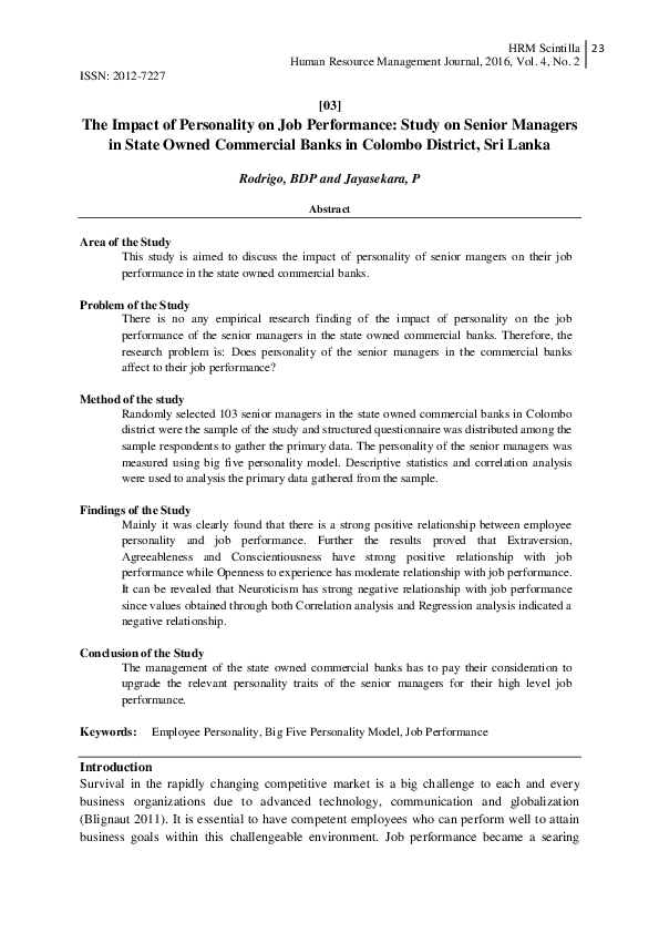 Pdf The Impact Of Personality On Job Performance Study On Senior