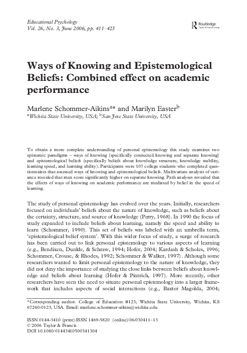 (PDF) Ways of Knowing and Epistemological Beliefs: Combined effect on ...