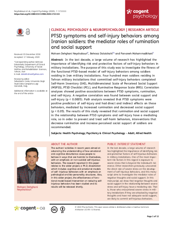 (PDF) PTSD symptoms and selfinjury behaviors among Iranian soldiers