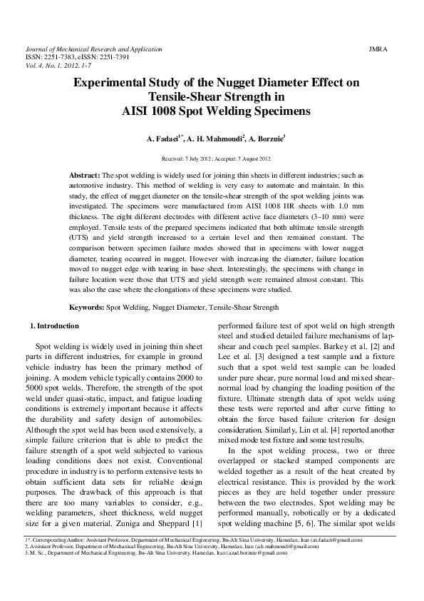 (PDF) Experimental Study of the Nugget Diameter Effect on Tensile-Shear ...