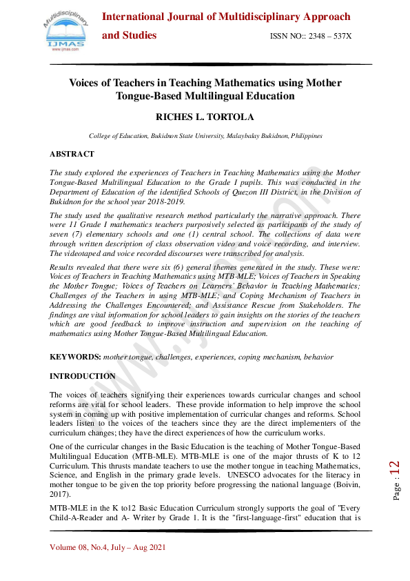 (PDF) Voices of Teachers in Teaching Mathematics using Mother Tongue ...