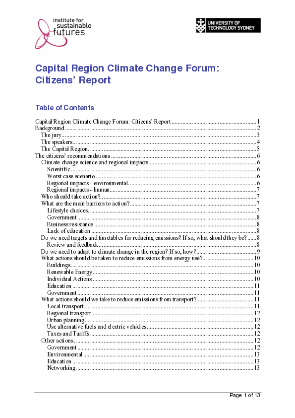 (PDF) Capital Region Climate Change Forum: Citizens' Report
