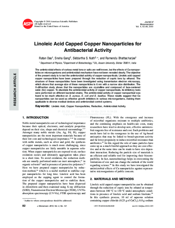 (PDF) Linoleic Acid Capped Copper Nanoparticles for Antibacterial Activity