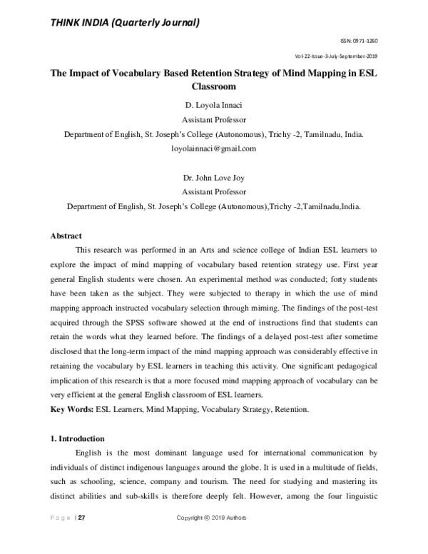 (PDF) The Impact of Vocabulary Based Retention Strategy of Mind Mapping ...