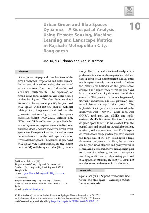 Pdf Urban Green And Blue Spaces Dynamics A Geospatial Analysis Using
