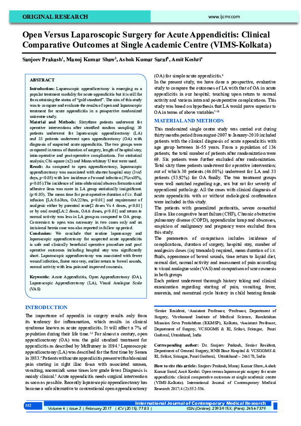 (PDF) Open Versus Laparoscopic Surgery for Acute Appendicitis: Clinical ...