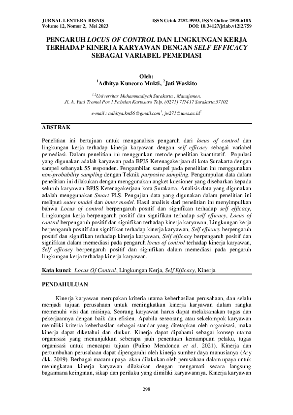 (PDF) Pengaruh Locus Of Control Dan Lingkungan Kerja Terhadap Kinerja ...