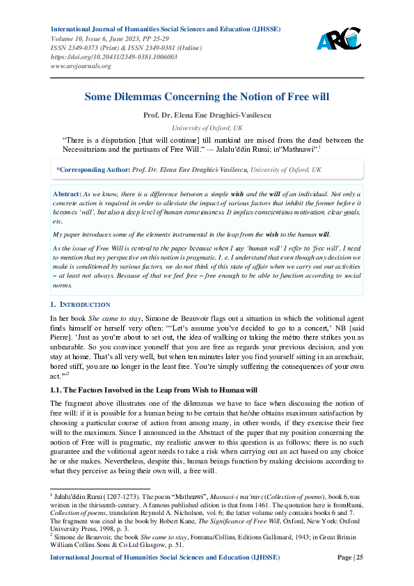 (PDF) "Some Dilemmas Concerning the Notion of Free will”