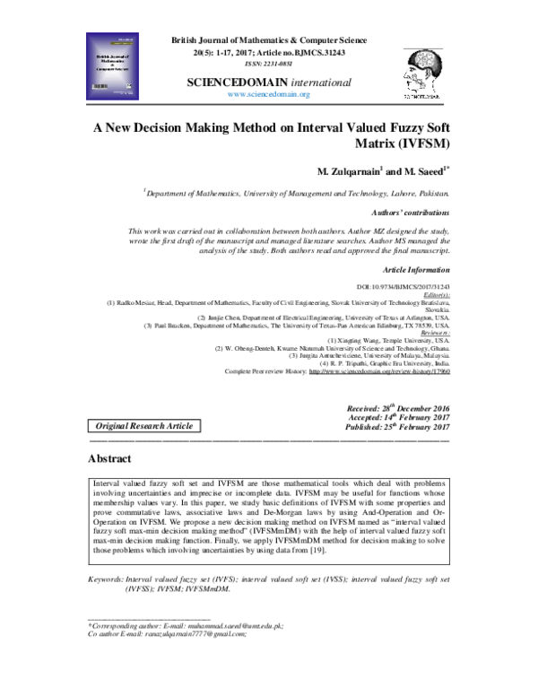 (PDF) A New Decision Making Method on Interval Valued Fuzzy Soft Matrix ...