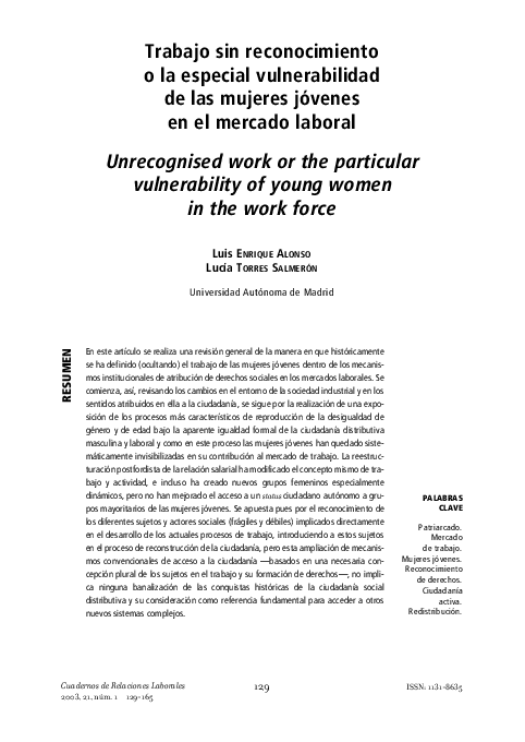 (PDF) Trabajo sin reconocimiento o la especial vulnerabilidad de las ...