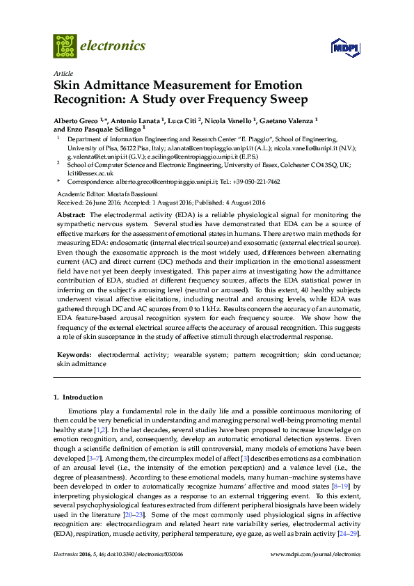 Skin Admittance Measurement for Emotion Recognition: A Study over Frequency Sweep