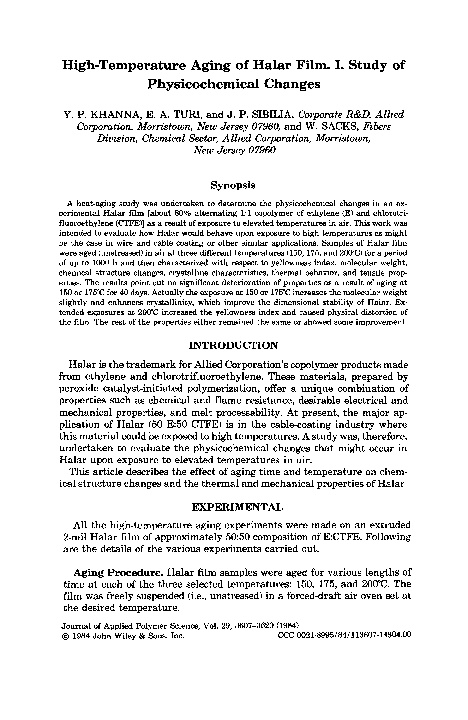 (PDF) High-temperature aging of halar film. I. Study of physicochemical ...