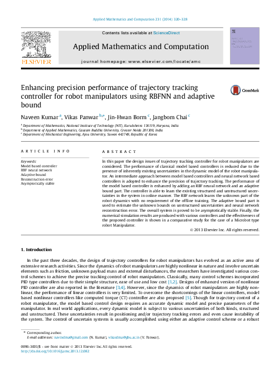 Enhancing precision performance of trajectory tracking controller for robot manipulators using RBFNN and adaptive bound
