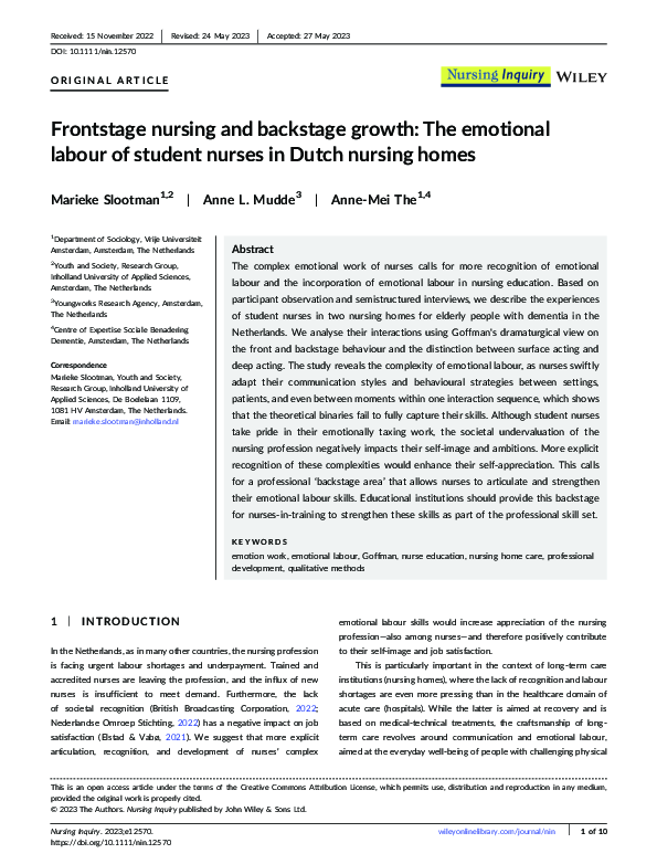 (PDF) Frontstage nursing and backstage growth: The emotional labour of ...
