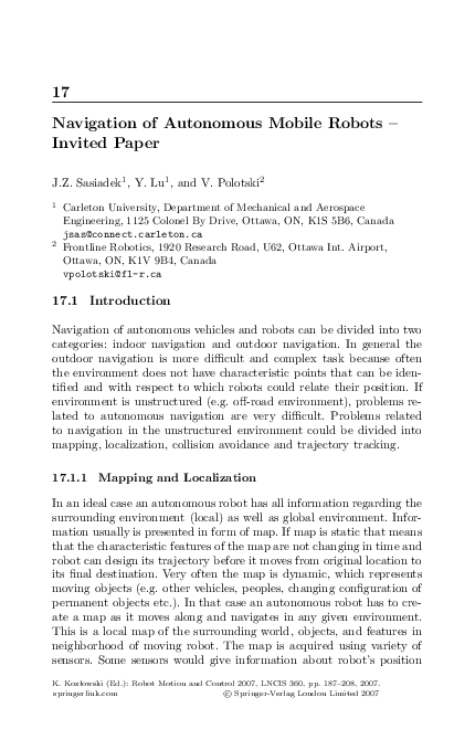 (PDF) 17 Navigation of Autonomous Mobile Robots – Invited Paper
