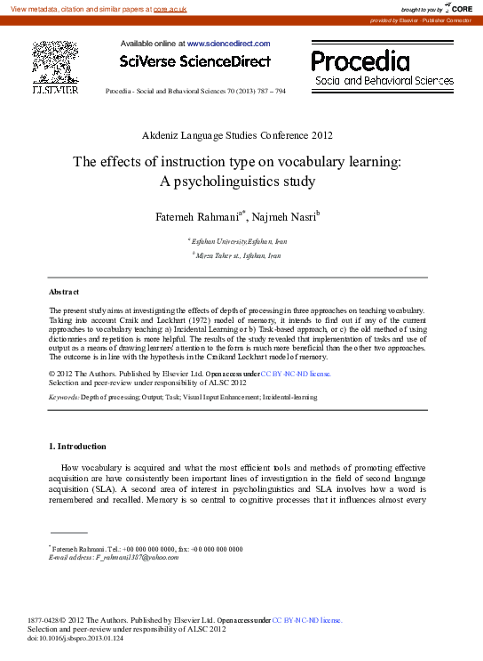 (PDF) The Effects of Instruction Type on Vocabulary Learning: A ...