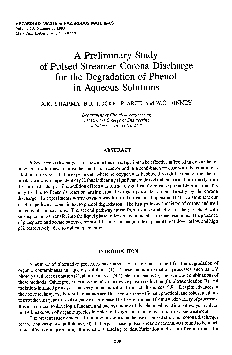 (PDF) A Preliminary Study of Pulsed Streamer Corona Discharge for the ...