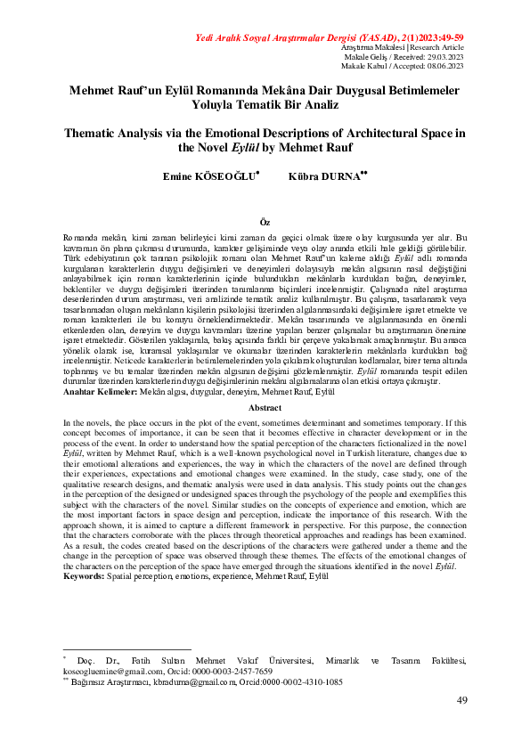 (PDF) Mehmet Rauf’un Eylül Romanında Mekâna Dair Duygusal Betimlemeler ...