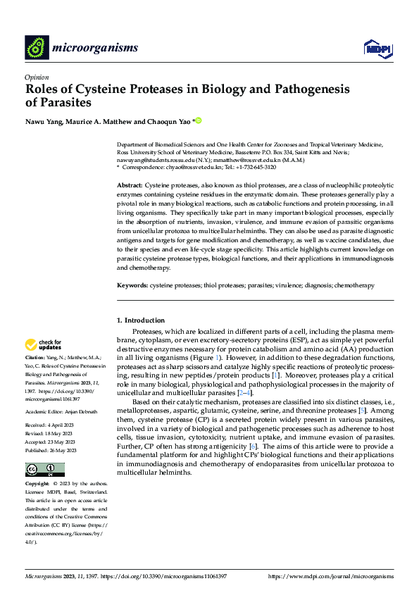 (PDF) Roles of Cysteine Proteases in Biology and Pathogenesis of Parasites