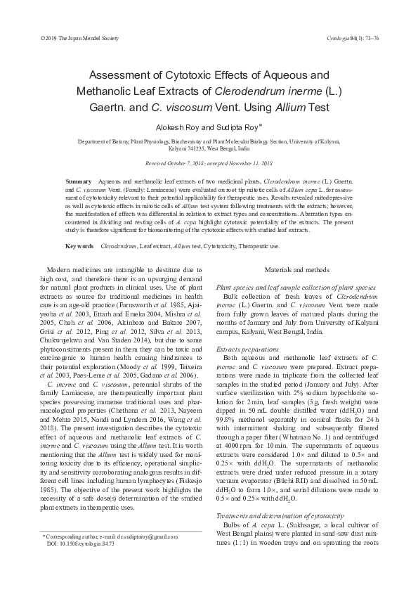(PDF) Assessment of Cytotoxic Effects of Aqueous and Methanolic Leaf ...