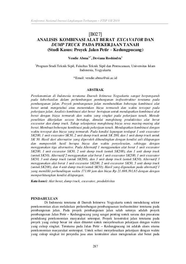 Pdf Analisis Kombinasi Alat Berat Excavator Dan Dump Truck Pada