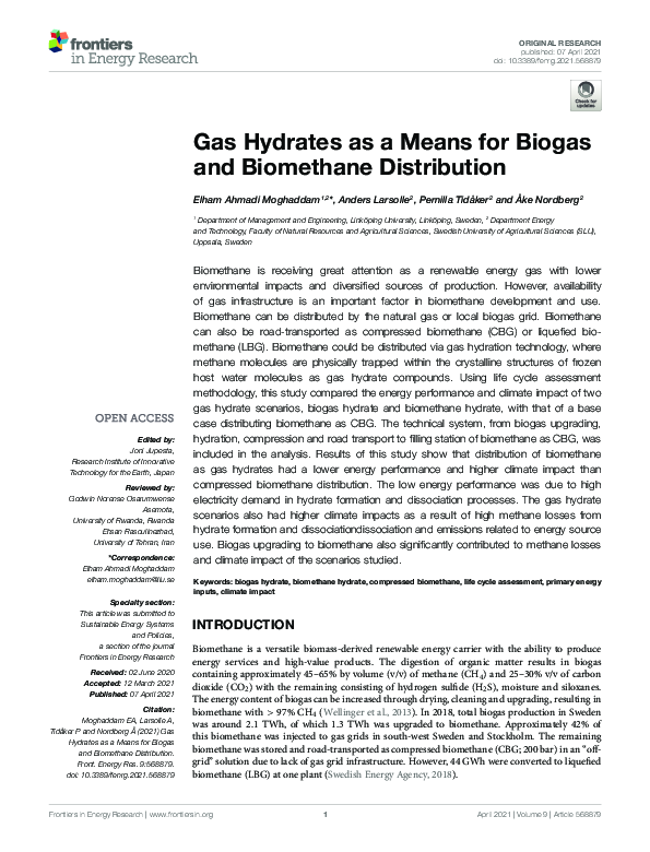 (PDF) Gas Hydrates as a Means for Biogas and Biomethane Distribution
