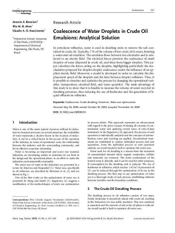 (PDF) Coalescence of Water Droplets in Crude Oil Emulsions: Analytical ...
