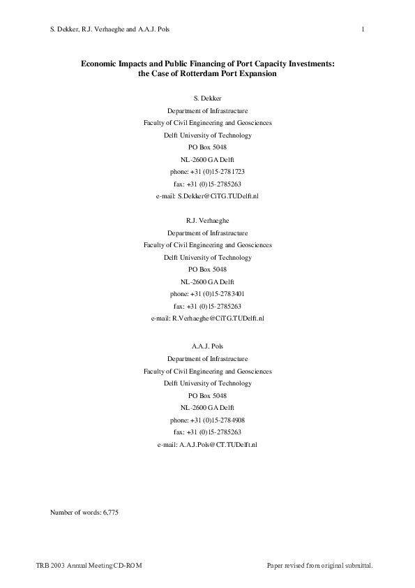 (PDF) Economic Impacts and Public Financing of Port Capacity ...