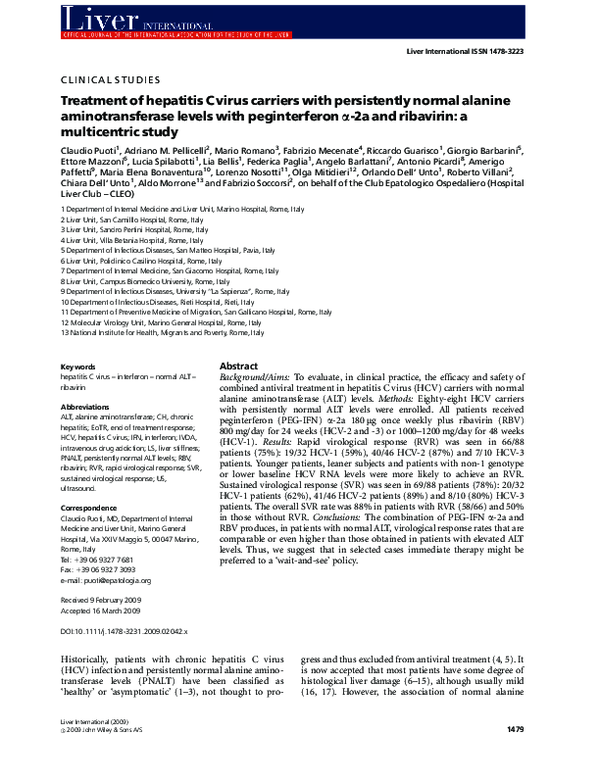 Treatment of hepatitis C virus carriers with persistently normal alanine aminotransferase levels with peginterferon α-2a and ribavirin: a multicentric study