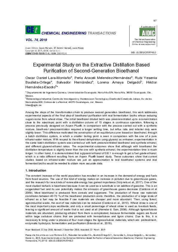 (PDF) Experimental study on the extractive distillation based ...