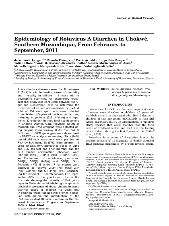 (PDF) Epidemiology of rotavirus A diarrhea in Chókwè, Southern ...