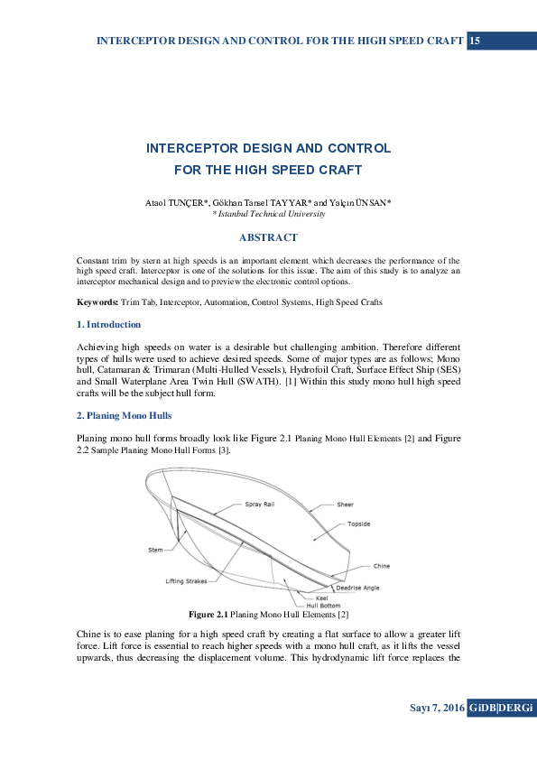 (PDF) INTERCEPTOR DESIGN AND CONTROL FOR THE HIGH SPEED CRAFT 15 Sayı 7 ...