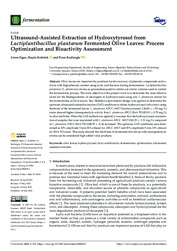 (PDF) Ultrasound-Assisted Extraction of Hydroxytyrosol from ...