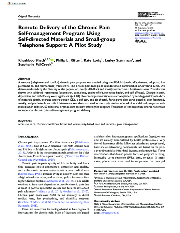 (PDF) Remote Delivery of the Chronic Pain Self-management Program Using ...