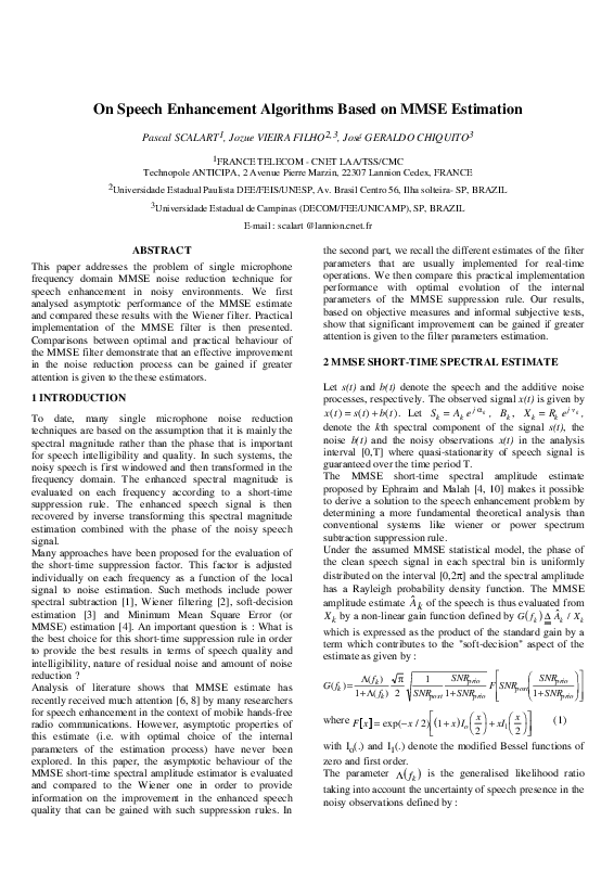 (PDF) On speech enhancement algorithms based on MMSE estimation
