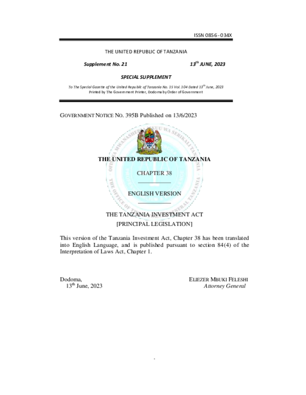 (PDF) THE TANZANIA INVESTMENT ACT CAP 38 (2023)