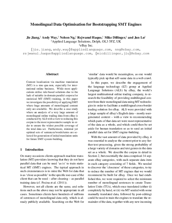 (PDF) Monolingual Data Optimisation for Bootstrapping SMT Engines