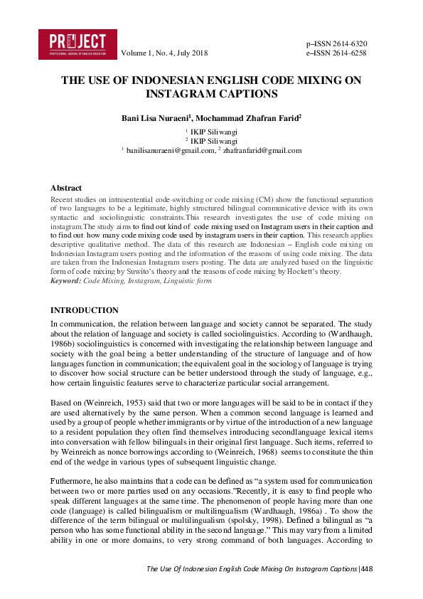 (PDF) The Use of Indonesian English Code Mixing on Instagram Captions