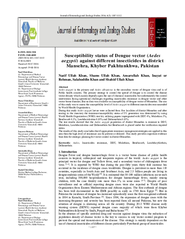(PDF) Susceptibility status of Dengue vector ( Aedes aegypti ) against ...