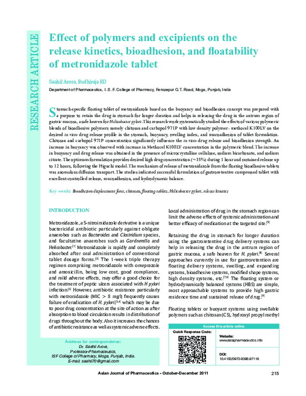 (PDF) Effect of polymers and excipients on the release kinetics ...