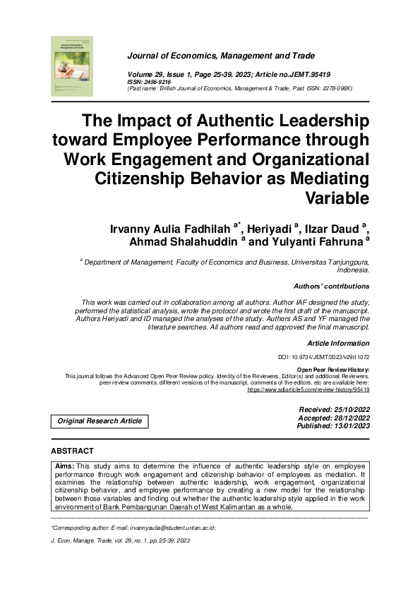 (PDF) The Impact of Authentic Leadership toward Employee Performance ...