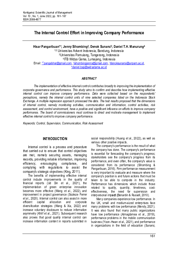 (PDF) The Internal Control Effort in Improving Company Performance