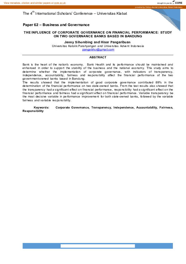 (PDF) The Influence of Corporate Governance on Financial Performance ...