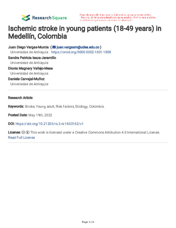 (PDF) Ischemic stroke in young patients (18-49 years) in Medellín, Colombia