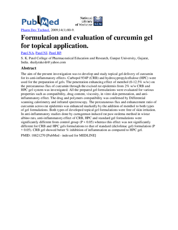 (PDF) Formulation and Evaluation of Curcumin Gel for Topical Application