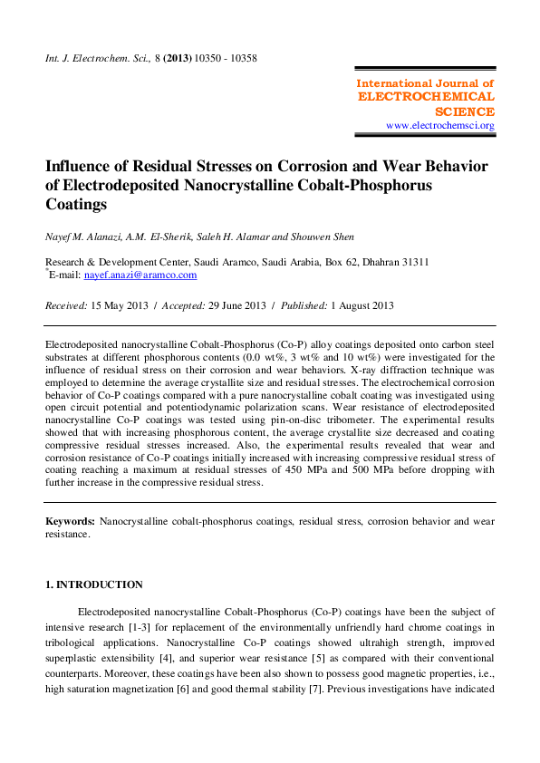 (PDF) Influence of Residual Stresses on Corrosion and Wear Behavior of ...