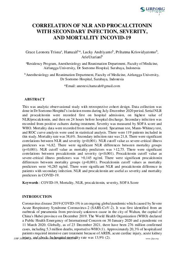 (PDF) Correlation of NLR and Procalcitonin with Secondary Infection ...