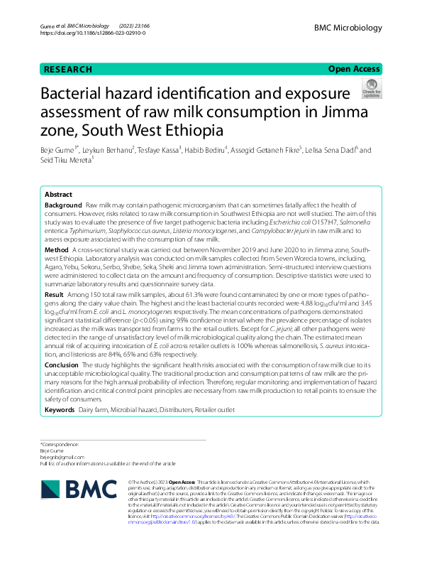 Bacterial hazard identification and exposure assessment of raw milk consumption in Jimma zone, South West Ethiopia